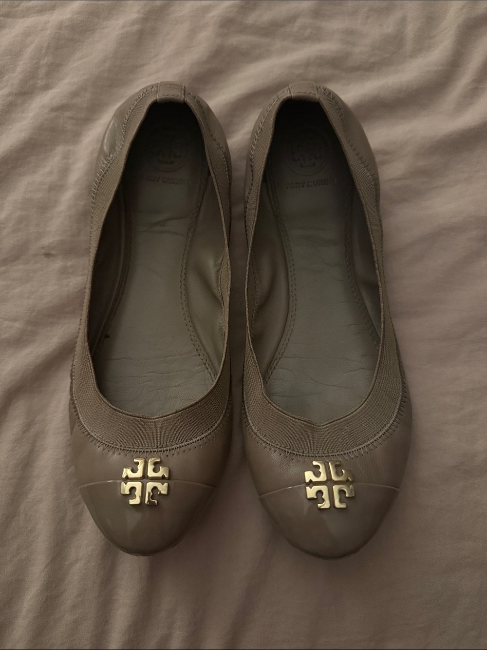 Tory Burch Taupe Leather Logo Ballet Flats